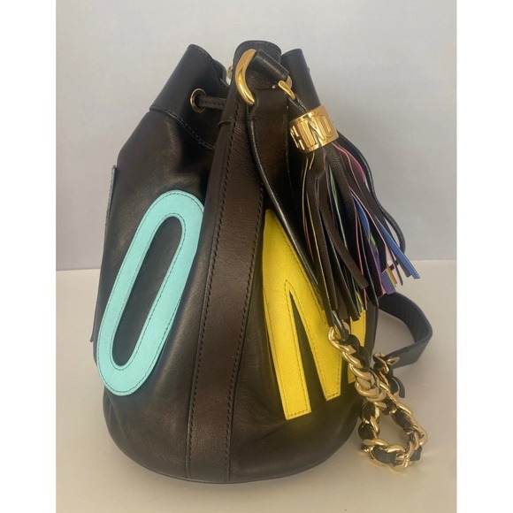 Moschino Bucket Bag Womens Medium Black Multi-Color Excellent Leather Tassel - Picture 5 of 10